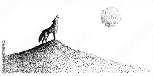 Lone wolf howling on snowy ridge in black and white art for nature and wildlife enthusiasts