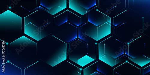 Abstract hexagon blue background banner futuristic business data technology modern concept, polygon shape lines connecting link dark blue contrast