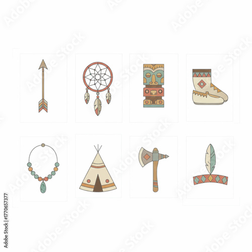 Native American Cultural Symbols Vector Set Indigenous Tribal Elements Collection