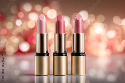 Wallpaper Mural Display of three stylish pink lipsticks in elegant packaging against a beautiful bokeh background. Torontodigital.ca