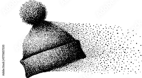 Vintage wool hat with fluffy pompom in black and white stipple design