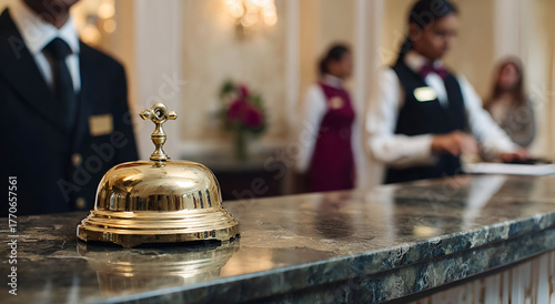 Wallpaper Mural Elegant hotel reception with a brass bell and attentive staff creating a welcoming atmosphere for guests. Torontodigital.ca