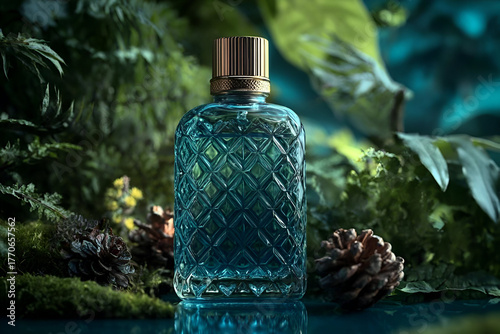 Wallpaper Mural Elegant blue glass bottle surrounded by lush greenery and natural elements, perfect for beverage or fragrance design. Torontodigital.ca