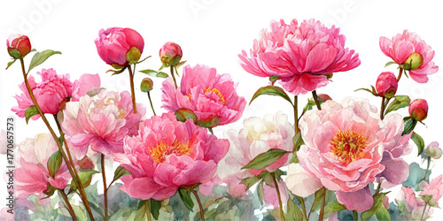 Vibrant watercolor illustration of blooming red and pink poppies with delicate green foliage on a white background	