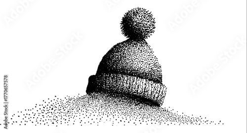 Vintage wool hat with fluffy pompom - black and white winter fashion illustration