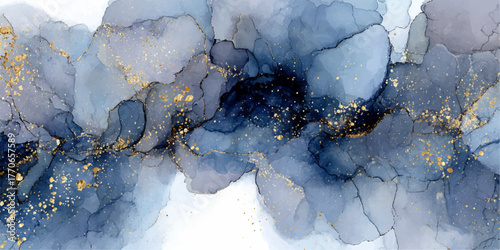 Abstract blue and gold fluid alcohol ink art with shimmering accents on white background