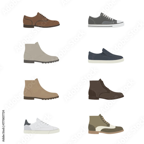 Mens Shoes Collection Various Styles Footwear Set Isolated