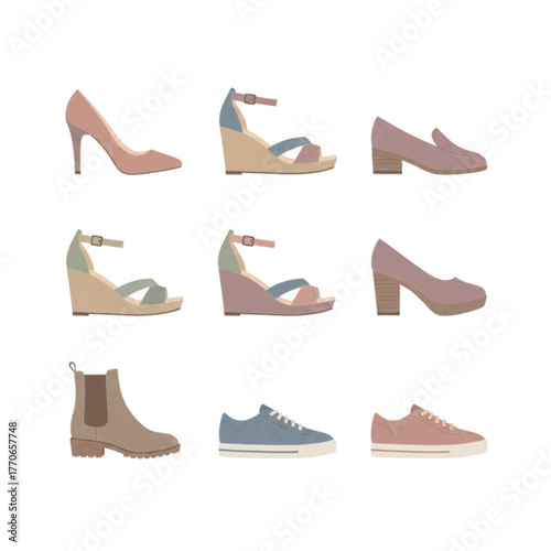 Collection of nine modern women fashion shoes isolated on white background