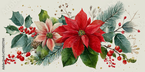 Elegant christmas floral arrangement with red poinsettias and evergreen branches