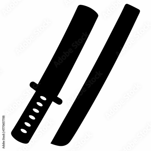 Black silhouette of a katana sword and scabbard set on white