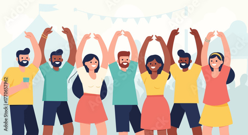 A lively flat design illustration showing a diverse group of people from various backgrounds, happily enjoying a music festival with hands raised.