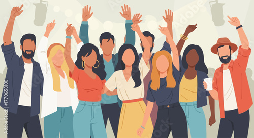 A lively flat design illustration showing a diverse group of people from various backgrounds, happily enjoying a music festival with hands raised.