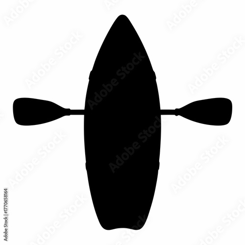 Black silhouette of a kayak with paddle viewed from overhead perspective