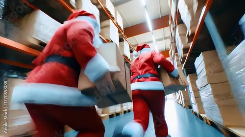 Two Santa Claus figures rushing through a warehouse carrying parcels, representing holiday delivery and festive logistics