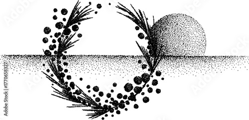 Monochrome fir branch wreath with artistic dotwork design