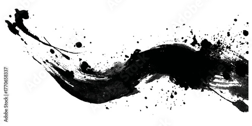 Dynamic black ink splash and splatter abstract art on white background