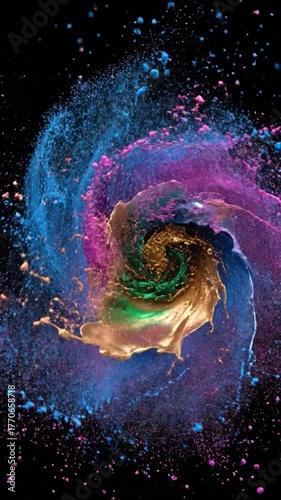 Abstract swirling explosion of gold, blue, green, and magenta against a black background