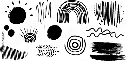 Minimalist abstract black and white doodles for modern design and art projects