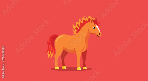 Cartoon Flat Illustration Fiery Mane Horse Full Body Side View