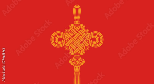 Traditional Asian Golden Decorative Knot On Festive Red Background Art