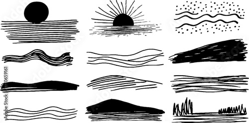 Minimalist abstract black and white doodles - set of creative lines and shapes