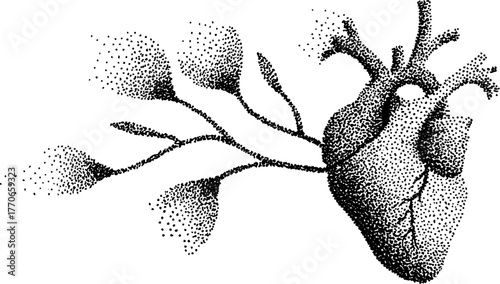 Black and white anatomical heart with intertwined branches for vintage art design