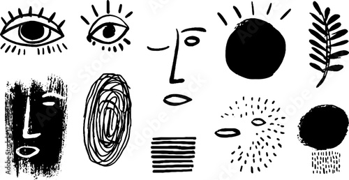 Minimalist abstract black and white doodles set featuring faces and shapes for creative design