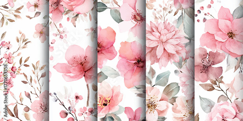 Soft watercolor floral patterns with delicate pink blossoms and green leaves