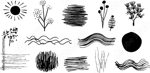 Minimalist black and white abstract doodles collection for creative design projects