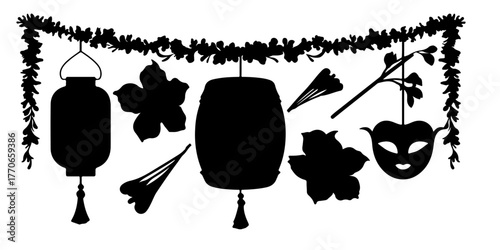 Decorative silhouette of festive lanterns and masquerade mask hanging on garland