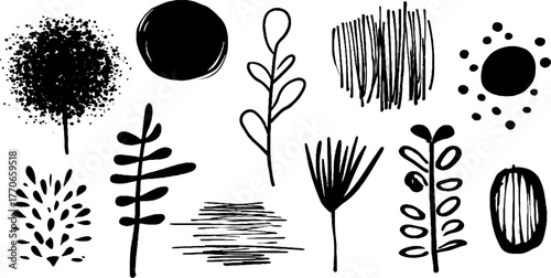 Minimalist abstract doodles set with black and white designs for artistic projects