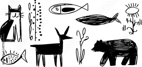 Minimalist abstract animal doodles in black and white for creative design