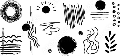 Minimalist abstract black and white doodle collection for artistic backgrounds and design