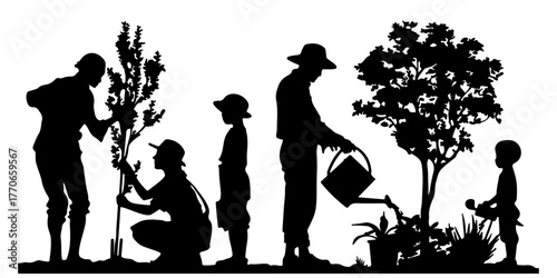 Family planting trees and watering plants together outdoors in silhouette style