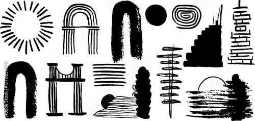Minimalist abstract black and white doodles featuring architectural elements and shapes