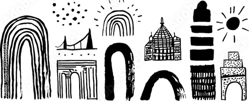 Minimalist abstract black and white architectural doodles collection for creative designs