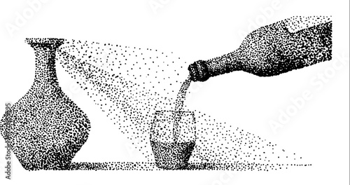 Ancient amphora and pouring bottle in black and white dotwork illustration