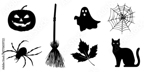 Collection of black halloween silhouettes including pumpkin ghost spider cat broom and web