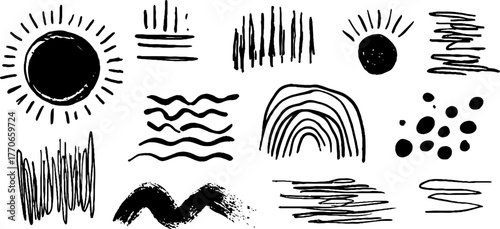 Minimalist abstract black and white doodles set for artistic design
