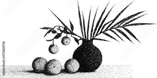 Ancient amphora with palm leaves and fruits in black and white, design for vintage decor
