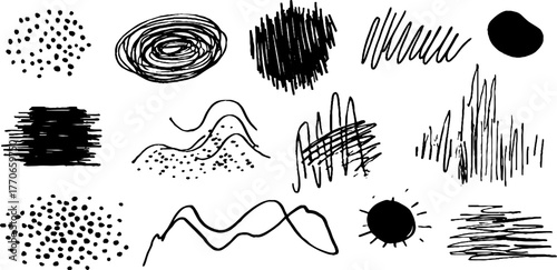 Minimalist abstract art with black and white doodles set for creative design