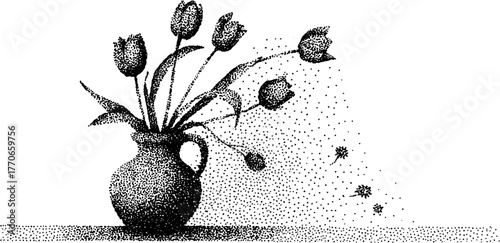 Black and white illustration of ancient amphora with tulips in halftone style for vintage design