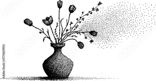 Ancient amphora filled with flowers in black and white dotwork style