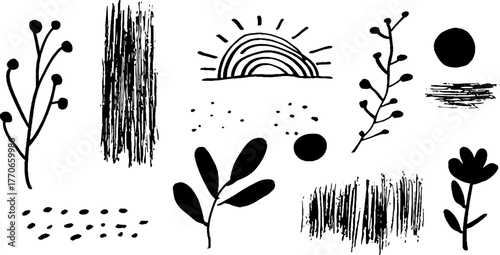 Minimalist black and white doodle collection featuring berry branches and nature elements for creative design