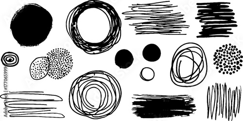 Minimalist abstract black and white doodles set for creative design and art projects