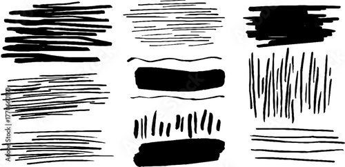 Minimalist abstract black and white doodles with bold strokes and textured lines for artistic design