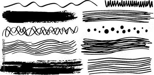 Minimalist black and white abstract doodles set with brush patterns for creative designs