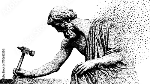 Ancient artisan statue black and white illustration with halftone effect for artistic design