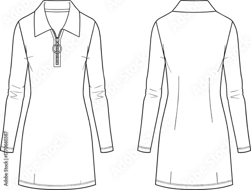Long sleeve dress flat sketch, collared zipper front fashion CAD drawing, apparel design template, vector illustration, front back view, garment construction detail