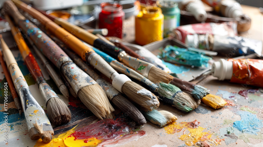 Fototapeta premium Art workshop filled with colorful paints and brushes ready for creative projects